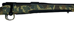 Camouflage-pattern hunting rifle with long black barrel and wooden-looking stock offset by dark grip section.