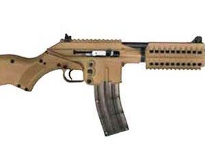Tan modern assault rifle with a foregrip, rail system, and curved magazine shown from the side, aiming right