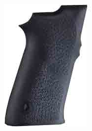 Black textured polymer handgun grip viewed from the side (left) with stippled surface design