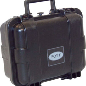 Black hard protective carrying case with a top handle, labeled 'BOYT', used to store and transport equipment.