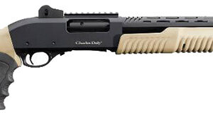 Pump-action shotgun with a tan stock and forend, black receiver, and long barrel.