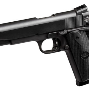 Side view of a black semi-automatic pistol with a textured grip.
