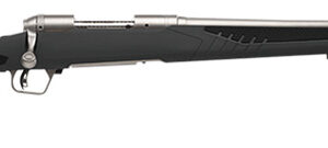 Bolt-action rifle with a black synthetic stock and a long stainless barrel.