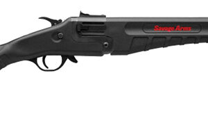 Side view of a black double-barrel shotgun with red trim and Savage Arms branding on the receiver.