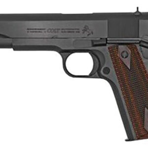Semi-automatic pistol with a dark gray slide and brown checkered grip