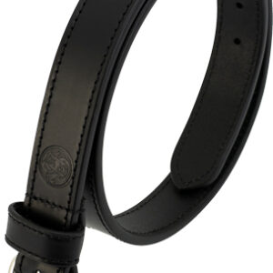 Black leather belt with a silver metal buckle, curved for display with visible stitched edges.