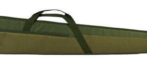 Long green padded case for a rifle or fishing rods with handles and an adjustable shoulder strap