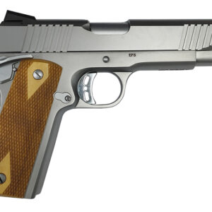 Semi-automatic pistol in profile, with gray metal frame and brown checkered grip, pointing to the right.