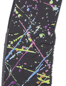Black rifle magazine with a bright neon paint-splatter design.