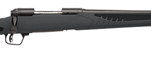 Profile view of a black bolt-action rifle with a synthetic stock and mounted scope, shown horizontally.