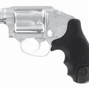 Silver revolver with a black textured grip, shown in profile