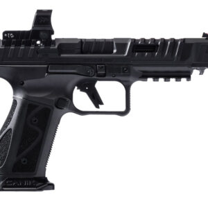 Black semi-automatic pistol with a textured grip and accessory rail on the frame, shown in profile.