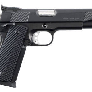 Side-profile view of a black semi-automatic pistol with textured grip and silver trigger.