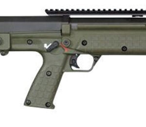 Green and black assault rifle with a detachable magazine inserted, featuring a long barrel, top rail, and ergonomic grip.