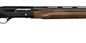 Double-barreled shotgun with a wooden stock and fore-end, shown in profile.