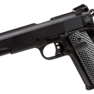 Black semi-automatic handgun with a textured grip, shown from the side.