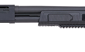 Black pump-action shotgun shown in profile with a synthetic stock and ribbed forend, fitted with a tactical fore-end rail system.