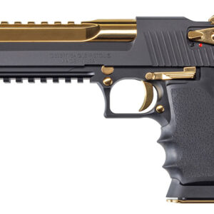 Side view of a gold-and-black Desert Eagle pistol with a textured grip