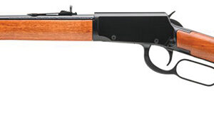 Side view of a lever-action rifle with a wooden stock and metal-action receiver, long barrel visible