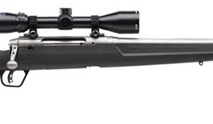 Bolt-action rifle with a mounted scope on a long black synthetic stockhan barrel