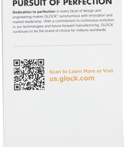 Back of a Glock product package showing the slogan 'Driven by the pursuit of perfection', small descriptive text, a QR code, and the line 'Scan to Learn More or Visit us.glock.com'