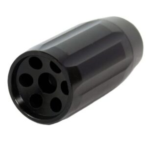 Black cylindrical multi-pin electrical connector with seven circular receptacles on the front face.