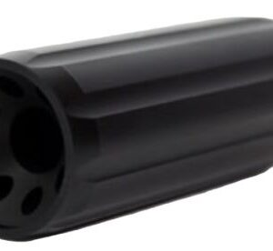Black hollow cylindrical object with multiple round holes at one end, resembling a connector or spacer piece
