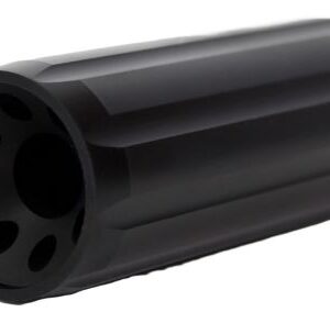 Black cylindrical firearm suppressor with vented front end and smooth glossy finish