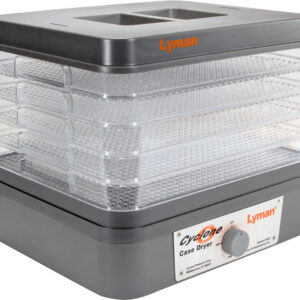 Lyman Cyclone Case Dryer with stacked clear drying racks above a gray base and a front control knob.