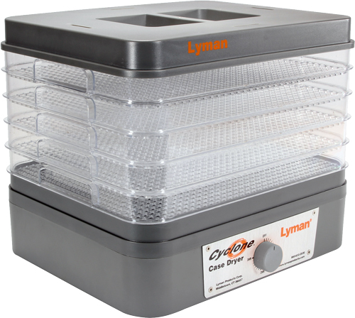 Lyman Cyclone Case Dryer with stacked clear drying racks above a gray base and a front control knob.