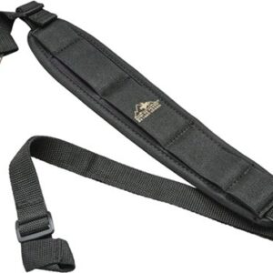Padded black camera strap with adjustable nylon straps and quick-release buckles for carrying a camera.
