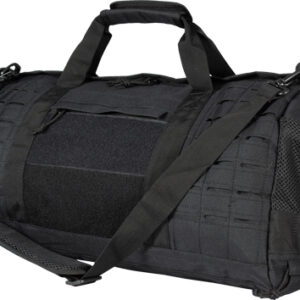 Black tactical duffel bag with padded handles and a detachable shoulder strap, showing side mesh pocket and multiple compartments.