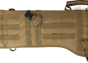 Tan tactical rifle soft case with MOLLE webbing, handles, and buckles laid flat