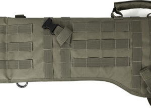 Olive-green tactical rifle/gear case with MOLLE webbing, two carrying handles, and an adjustable strap along a curved end.