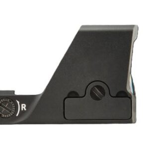 Black rifle rear sight with an elevation/windage adjustment dial labeled R