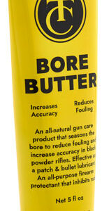 Yellow Bore Butter lubricant tube with black logo and bold 'BORE BUTTER' lettering on front, natural lube product.