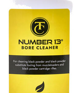 White plastic bottle of Number 13 Bore Cleaner with a bright yellow label stating 'Number 13 Bore Cleaner' and 'All-Natural, Made in USA, Net 8 oz' (for cleaning black powder firearms).