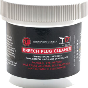 Jar labeled Breech Plug Cleaner from Thompson/Center, with red and white typography and a white cap; used for cleaning muzzleloader breech plugs.