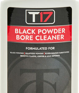 Bottle of T17 Black Powder Bore Cleaner for removing black powder residue from gun barrels (8 oz / 240 ml).