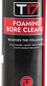 Aerosol can of T17 Foaming Bore Cleaner for firearms, with red and black label and white text about removing powder and metal residue.] ,