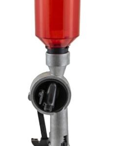 Red plastic pressure bottle connected to a metal regulator with a gauge and adjustment knob, used for pressurized air in sporting or workshop equipment.