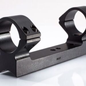 Double-ring rifle scope mount in black metal on a white background.