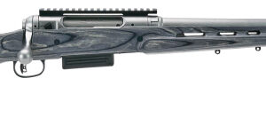 Bolt-action hunting rifle with a dark wood grain stock and long barrel.