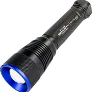 Black tactical flashlight with a blue bezel and knurled grip, angled slightly to the left.