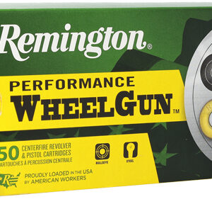 Remington Performance Wheel Gun ammo box, green and yellow packaging, 50 centerfire cartridges, revolver/pistol cartridges