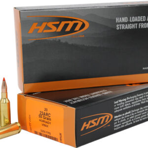 HSM brand rifle ammunition boxes with brass cartridges beside them on a white background.