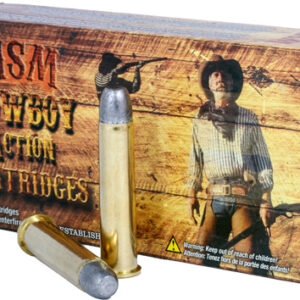 Box of HSM Cowboy Action Cartridges with two rifle cartridges outside the box and a western-themed design featuring a cowboy image on the packaging.