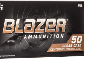 Blazer Ammunition box for 50 brass‑case centerfire cartridges with two bullets shown to the right.