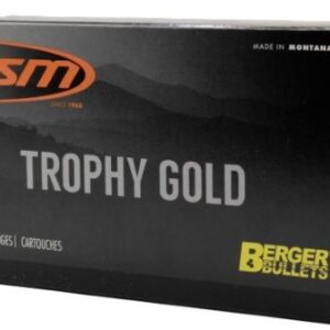 Box of HSM Trophy Gold ammunition, 20 cartridges, with Berger Bullets branding and 'Made in Montana' on a dark box.