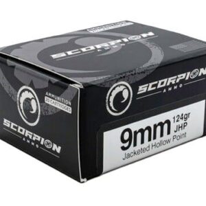Box of Scorpion 9mm ammunition, 124 grain jacketed hollow point (JHP), 20 rounds